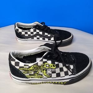 VANS Shoes - Boys Black/White Checkered and Neon Dinosaur - 13 Youth